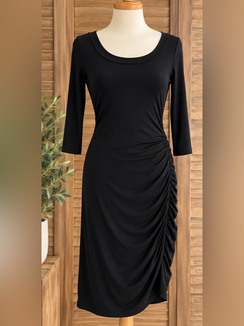 Banana Republic Black Side Ruched Dress XS Modal Stretch 3/4 Sleeve LBD